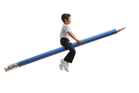 Boy riding a giant blue pencil, back to school theme