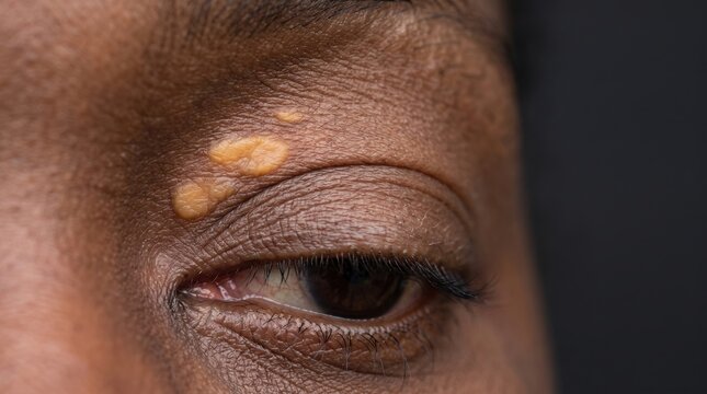 Close up of xanthelasma palpebrarum yellowish cholesterol deposit on eyelid skin