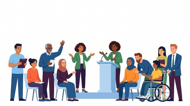 Diverse community members discussing policy at a town hall meeting on white background