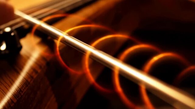 Close-up view of a wooden violin being played, showcasing the bow in motion creating sound waves, with rich wood grain and warm lighting enhancing the atmosphere