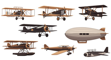 A collection of seven vintage aircraft including various biplanes a seaplane a monoplane and a rigid airship © Faisal