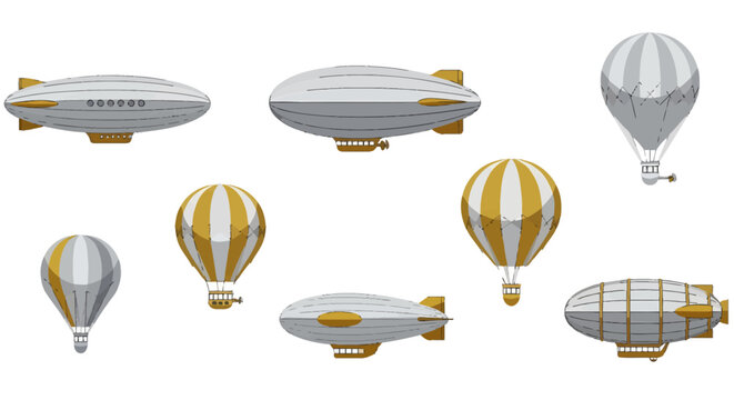 A collection of seven illustrations of retrostyle airships and hot air balloons against a white background