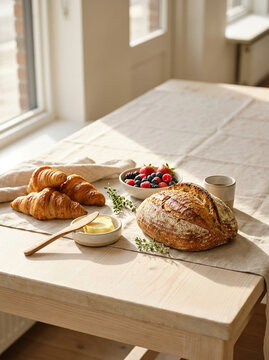 Rustic artisan bread with croissants berries and coffee on a sunlit table