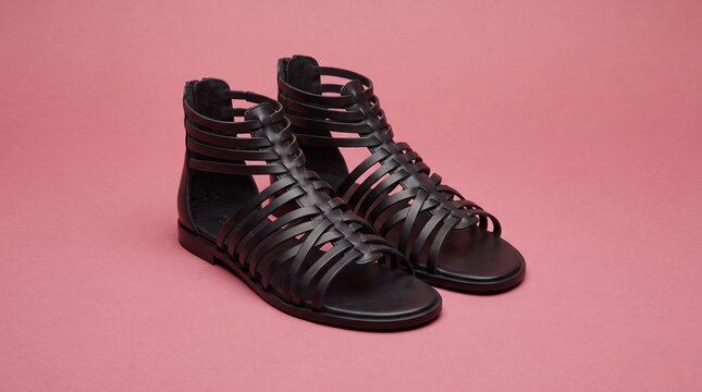 Black gladiator sandals displayed on pink background for fashion showcase