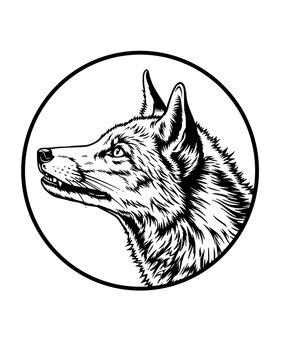 Detailed black and white vector illustration of a wolf head in side profile, enclosed within a round frame. Perfect for logos, apparel design, tattoos, badges, emblems, stickers, and outdoor-themed gr