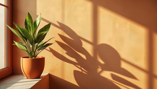 a modern terracotta pot with a thriving green pilea plant sitting on the far left edge