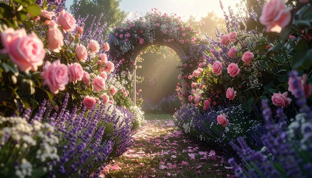 Romantic rose garden arch with pink roses and lavender glowing in