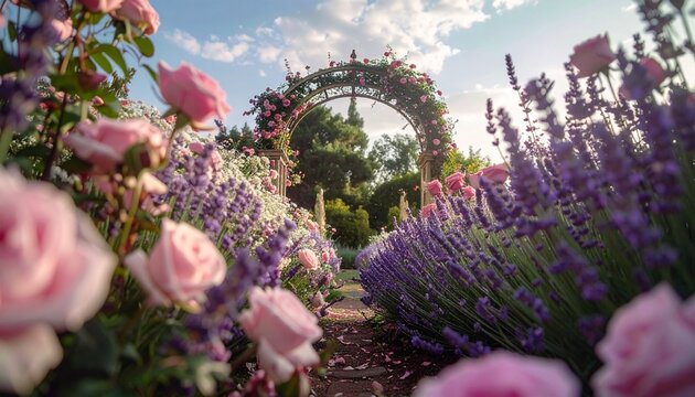 Romantic rose-covered garden arch framed by pink roses and purple
