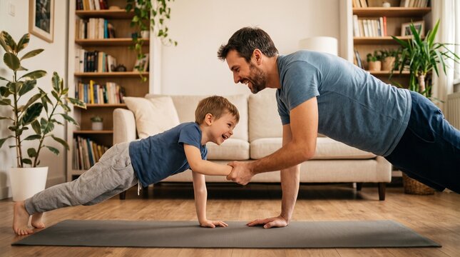 Father and Son Doing Push-Ups Together on Yoga Mat at Home