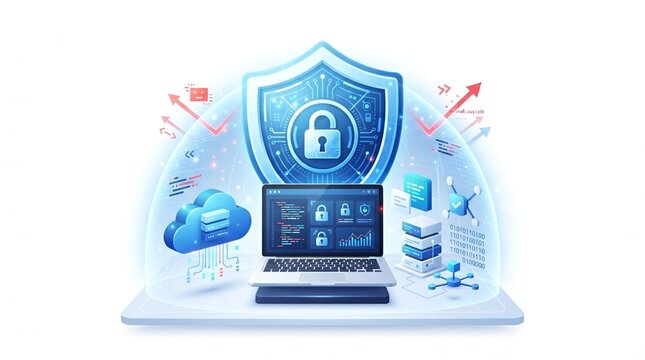 Cyber security shield protecting laptop with cloud data and digital network protection icons