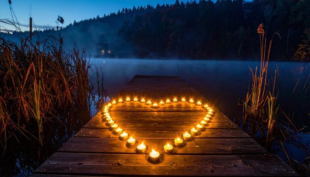 Heart-shaped candlelight on a wooden dock beside a misty lake at