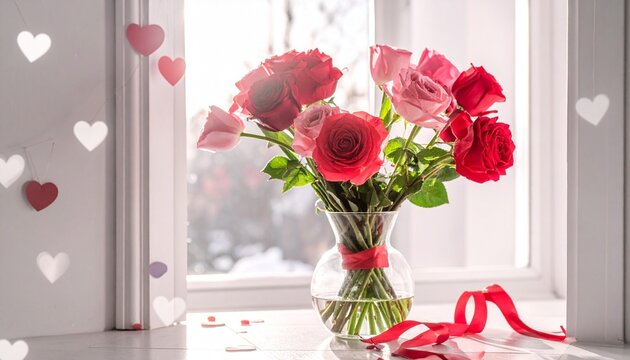 Red and pink rose bouquet in a glass vase with hearts for Valentine&rsquo;s