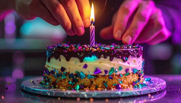 Birthday cake with a lit candle and colorful sprinkles as hands