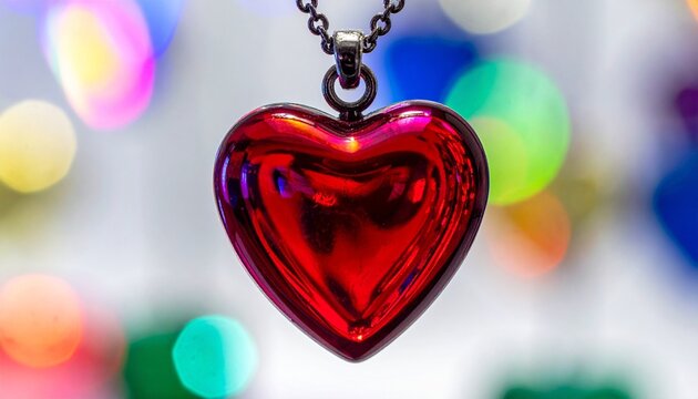 Red heart pendant necklace with colorful bokeh lights for Valentine&rsquo;s