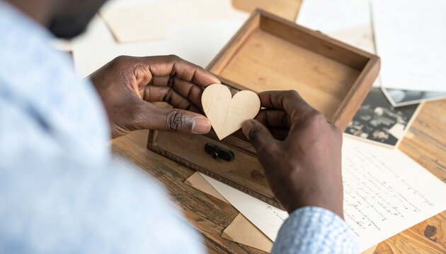 Black man holding a wooden heart beside a love letter and keepsake