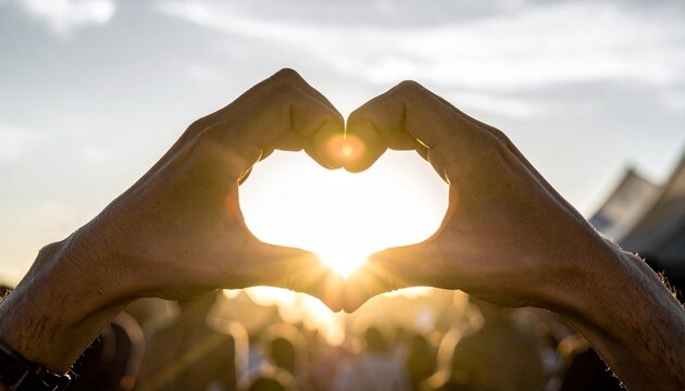 Heart-shaped hands framing the sunset, a romantic love symbol with