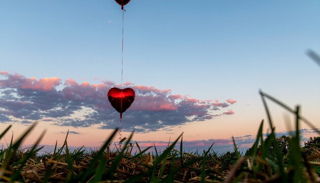 Red heart balloon floating over grass beneath a colorful sunset sky,