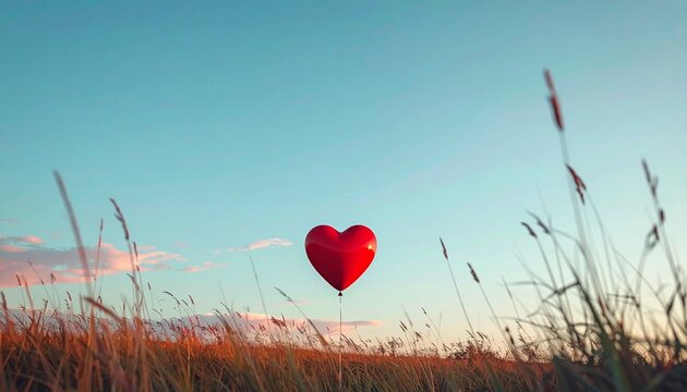 Red heart balloon floating over a grassy field at sunset, a romantic
