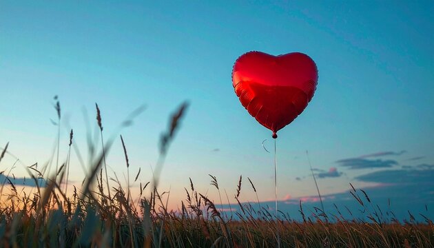 Red heart balloon floating above a wild grass field at sunset,