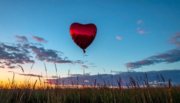 Red heart balloon floating over a wild grass field at sunset,