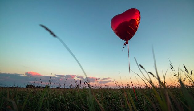 Red heart balloon floating above a grassy meadow at sunset,