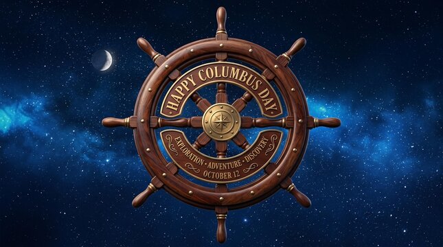 Columbus day celebration with vintage ship wheel against galaxy sky