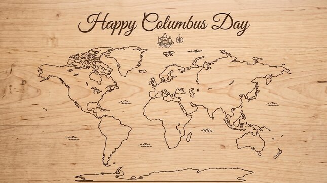 Happy columbus day greeting with world map on wood texture