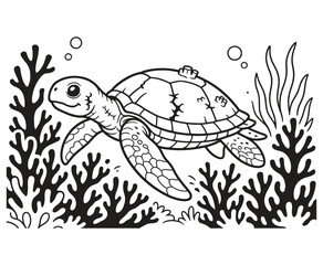Fototapeta premium Cute sea turtle coloring page for kids with underwater coral reef scene.