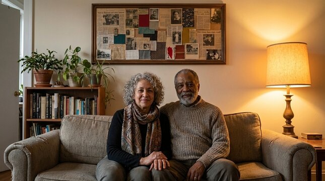Two middle aged adults sit together warmly in a comfortable living room setting, sharing a moment of connection and companionship, perfect for themes of togetherness and domestic life