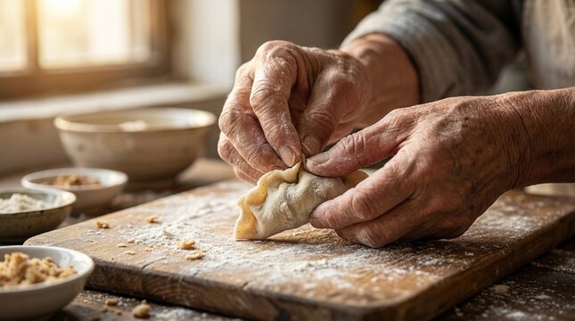 Close up view of hands folding dough on a wooden surface, artisanal food preparation, baking craft, fresh ingredients, rustic kitchen setting, skilled baking process