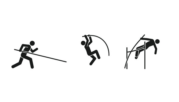 Sequence of black stick figures performing a pole vault jump, demonstrating athletic movement for sports graphics and instructional use.
