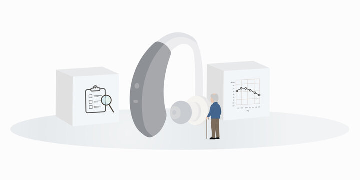 Hearing loss diagnosis concept with audiogram and hearing assessment on white background