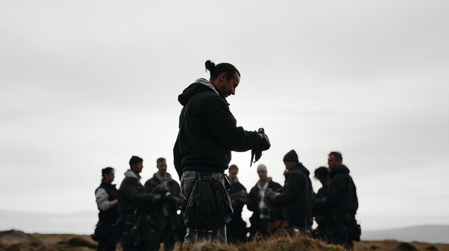 A multicultural group of falconers assembles on open moorland under a heavy overcast sky, birds of prey on gloved fists, the falconry practice community visible in dynamic mid