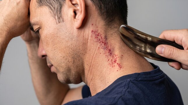 Traditional Chinese gua sha scraping therapy on man neck showing red petechiae