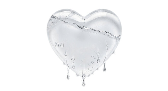Cracked heart shaped ice sculpture melting with water droplets falling down