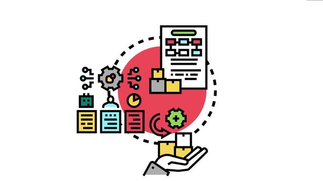 Item return process , showing a hand receiving boxes, a document with a checklist, and icons symbolizing logistics, customer service, and commercial policy management