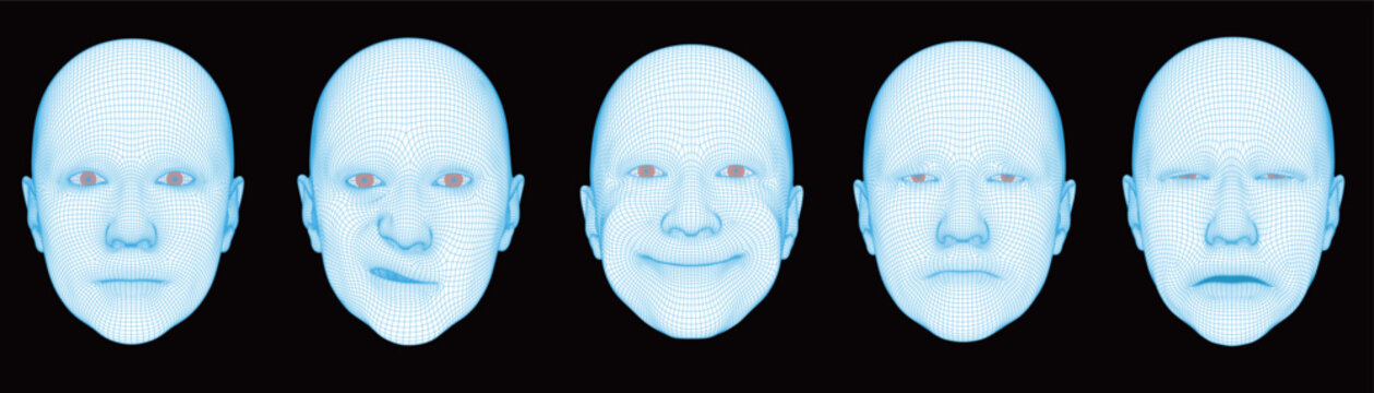 Set of Five 3D Wireframe Human Faces Showing Different Emotions and Expressions, Futuristic Facial Recognition, Biometric Scan, AI Face Mapping and Digital Identity Technology