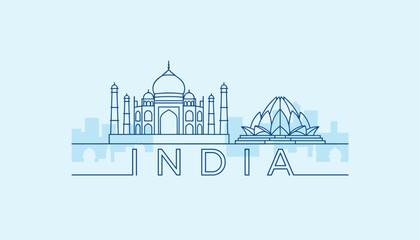 Obraz premium Minimalist blue line art illustration of the Taj Mahal and the Lotus Temple forming the India skyline against a light background.