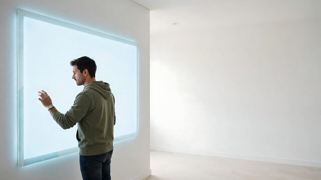 Man interacting with futuristic projection screen on wall in modern minimalist room
