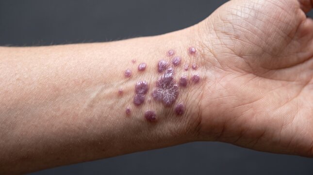 Lichen planus shiny polygonal violaceous purple papules on human wrist skin
