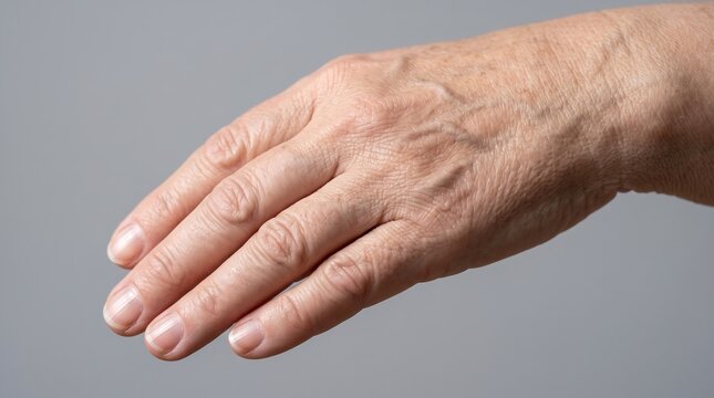 Aging female hand with dry textured skin visible veins and fine wrinkles