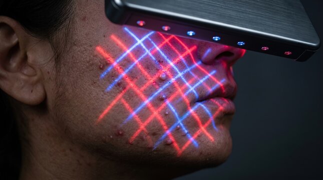 Red and blue laser grid therapy scanning acne blemishes on patient face