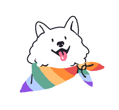 Portrait of cute dog with rainbow bandanna. Happy puppy with LGBT pride flag on bandana. Funny pup with symbol of LGBTQ community and queer love. Flat isolated vector illustration on white background