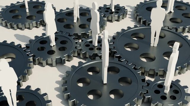 歯車の上で回転する男女のシルエット　3Dアニメーション