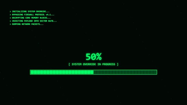 Digital system override progress bar animation featuring green glowing text logs and binary code loading on dark computer screen footage