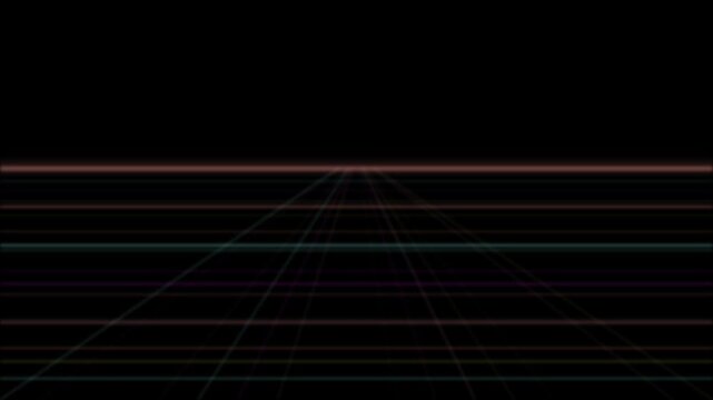 Retrofuturistic neon grid floor extending toward a dark horizon in continuous loop animation