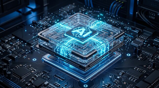 Futuristic AI Processor Chip on Digital Circuit Board