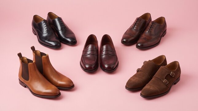 Set of six stylish leather shoes for men arranged on light pink background for product display