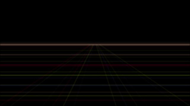Retro neon grid perspective floor extends into a dark void creating an infinite looping motion