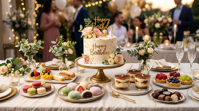 Delicious happy birthday cake and sweet desserts on a table at a festive party